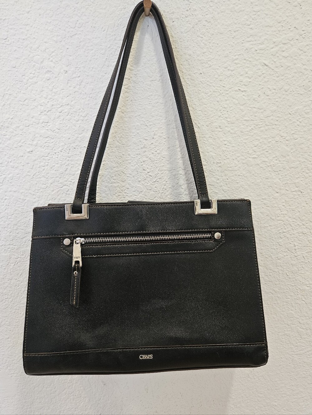 Chaps Black Saffiano Faux Leather Triple Compartment Tote Bag